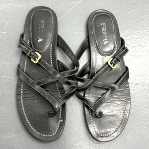 Prada size 38.5 black leather sandals with gold hardware